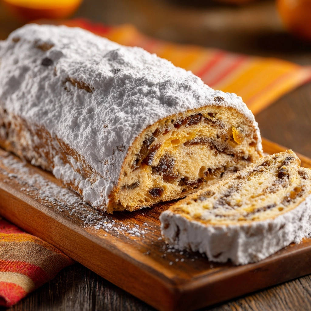 Mein unwiderstehlicher Christstollen angeschnitten mit Puderzucker bestäubt zeigt die saftige Textur mit Rosinen und kandierten Früchten.