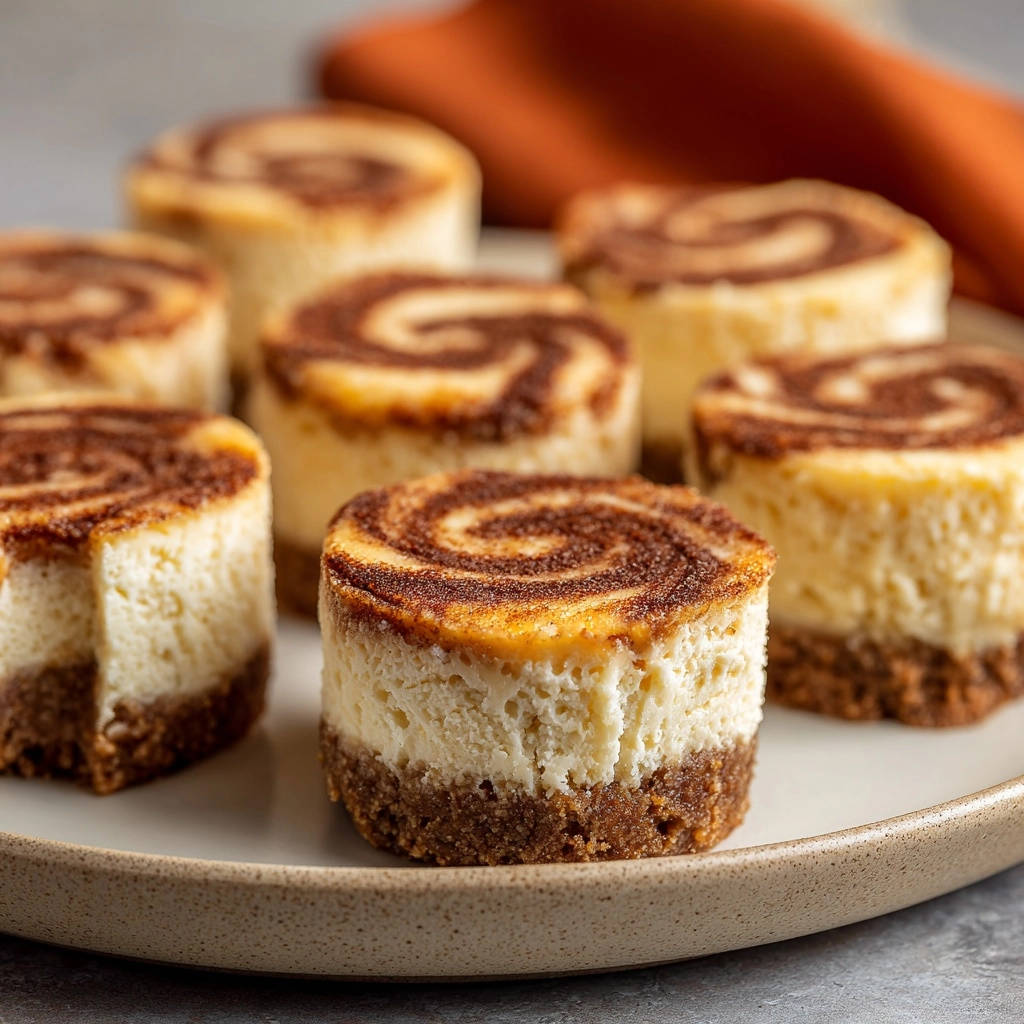 Mini Zimtschnecken-Cheesecakes angeschnitten auf einem Teller, mit sichtbarer cremiger Füllung und Keksboden.