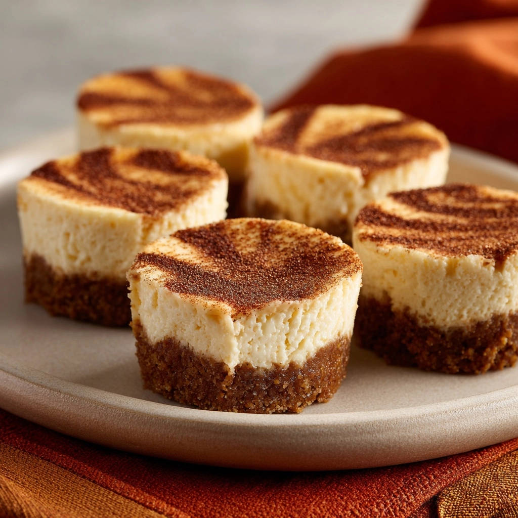 Mini Zimtschnecken-Cheesecakes nahaufnahme mit Kakao bestäubt auf einem Teller serviert.