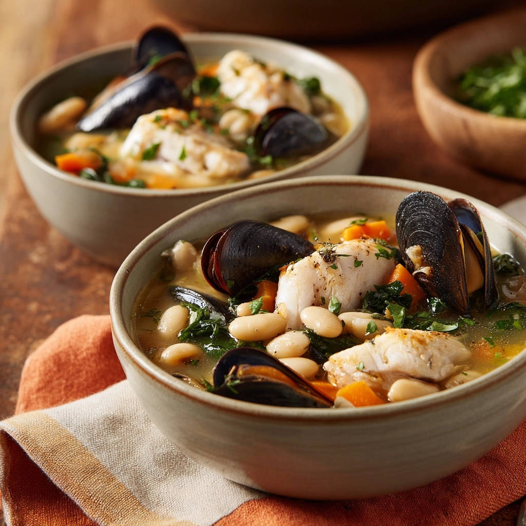 Herzhaftes Mittelmeer-Muschel-Bohnen-Eintopf nahaufnahme serviert in einer Schale mit Fisch und weißen Bohnen.