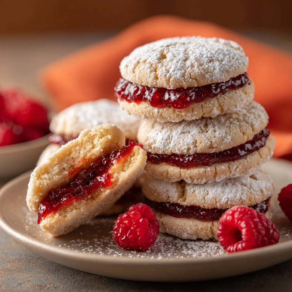 Mürbe Himbeer-Taler angeschnitten mit Himbeermarmeladenfüllung und Puderzucker bestäubt, daneben frische Himbeeren.