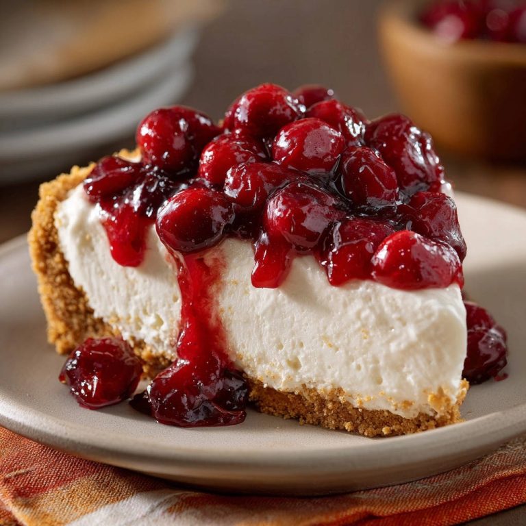 Himmlischer No-Bake Cranberry-Käsekuchen als angeschnittene Scheibe mit detaillierter Nahaufnahme der cremigen Füllung und Fruchtsauce
