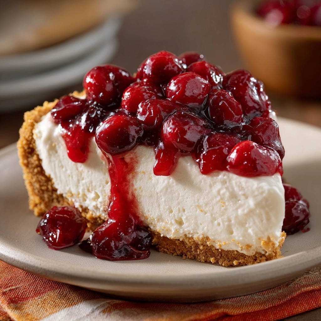 Himmlischer No-Bake Cranberry-Käsekuchen als angeschnittene Scheibe mit detaillierter Nahaufnahme der cremigen Füllung und Fruchtsauce