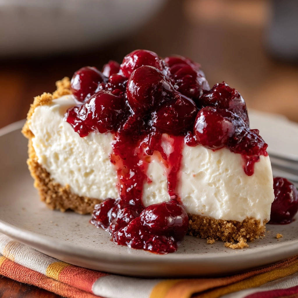 Himmlischer No-Bake Cranberry-Käsekuchen als angeschnittene Portion, üppig mit Cranberry-Kompott garniert.