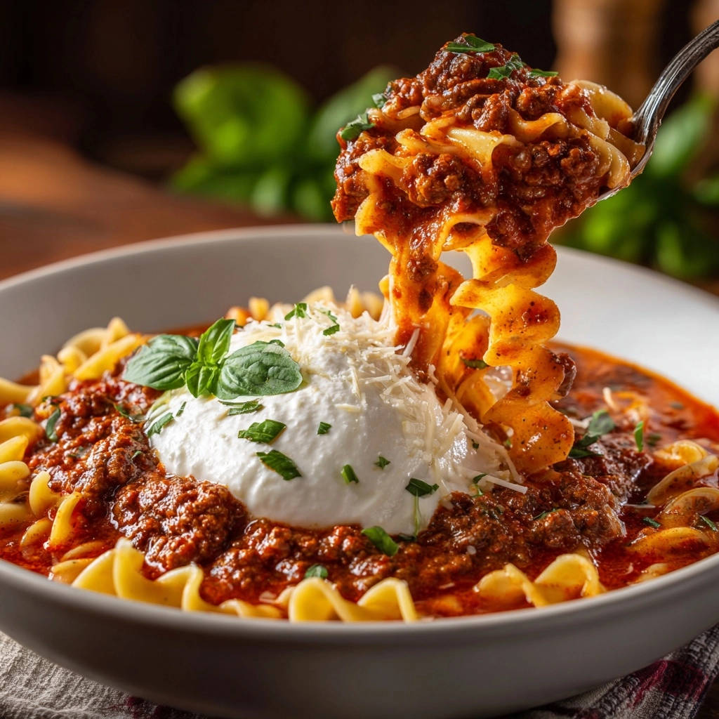 Reichhaltiges Nudel-Ragout mit cremiger Ricotta, eine Gabel mit Nudeln und Ragout wird aus der Schüssel gehoben.