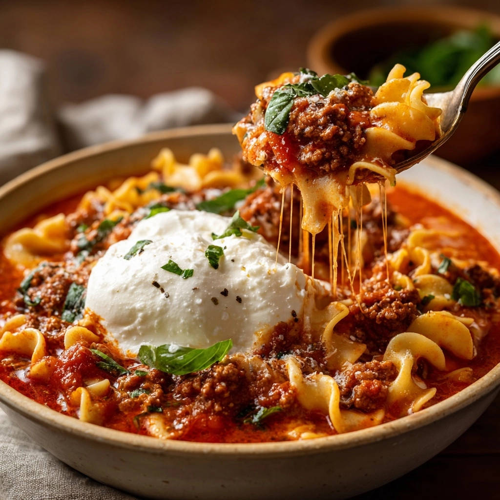Reichhaltiges Nudel-Ragout mit cremiger Ricotta, nah aufgenommen mit einem Löffel voller Nudeln und Käse, der Fäden zieht.