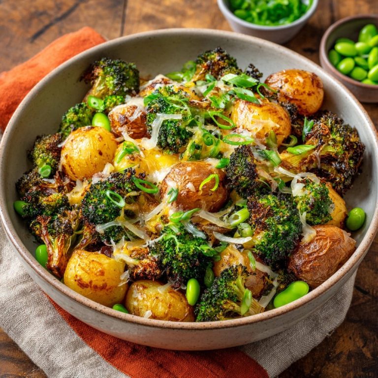 Knusprige Ofenkartoffeln & Brokkoli mit Käse, detailreiche Nahaufnahme der gerösteten Gemüsemischung mit geschmolzenem Käse.