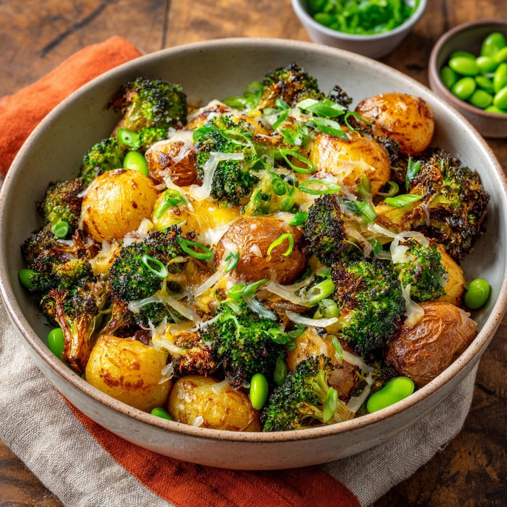 Knusprige Ofenkartoffeln & Brokkoli mit Käse, detailreiche Nahaufnahme der gerösteten Gemüsemischung mit geschmolzenem Käse.