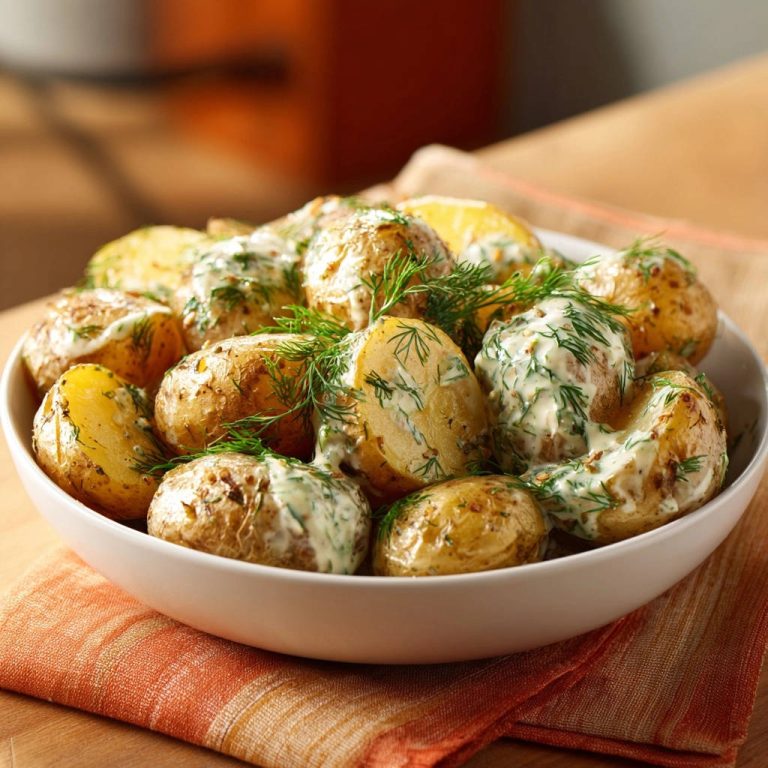 Zarte Ofenkartoffeln mit frischer Dill-Creme, nahaufnahme der cremigen Sauce und frischen Kräutern auf den Kartoffeln.