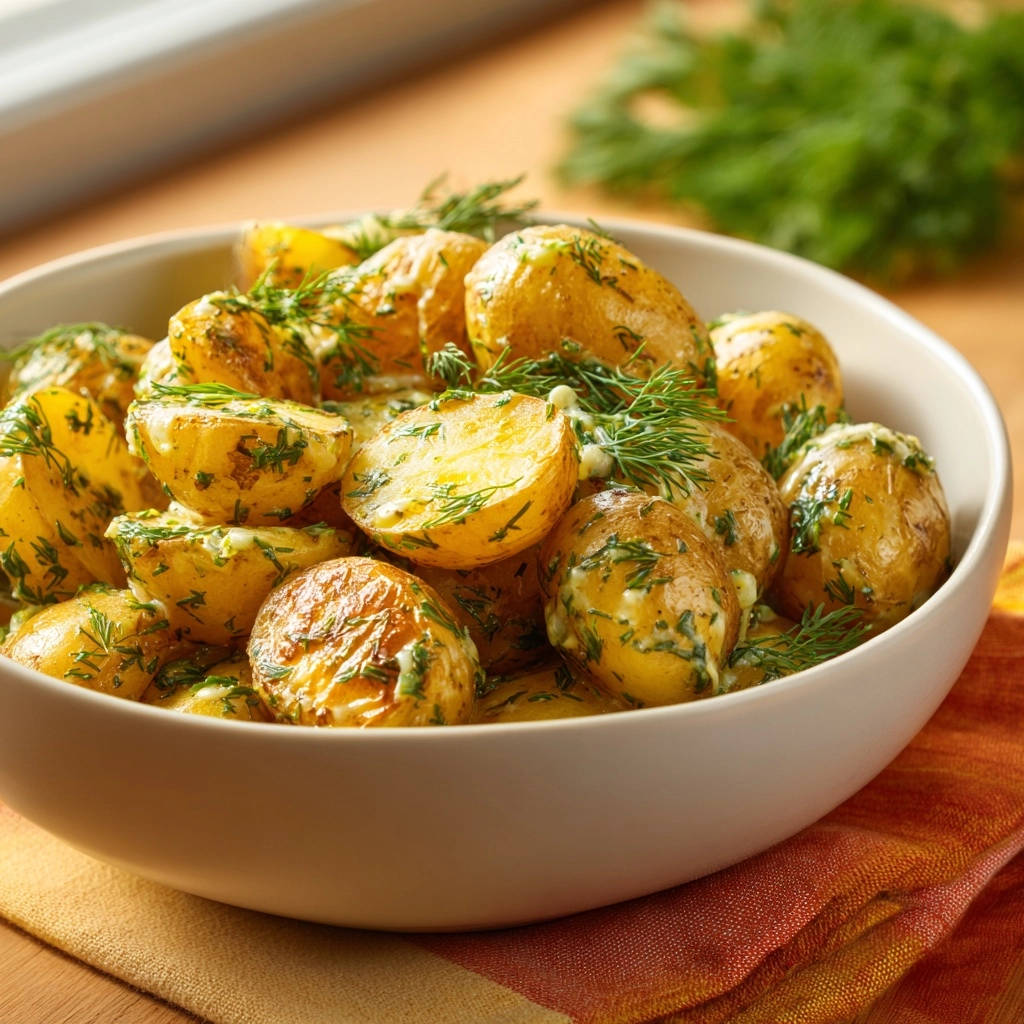 Zarte Ofenkartoffeln mit frischer Dill-Creme, detailreich in einem weißen Teller garniert mit frisch gehacktem Dill.