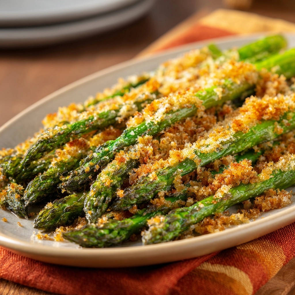 Knuspriger Ofenspargel mit Goldbraunem Topping, Nahaufnahme der texturierten Kruste auf den grünen Spargelstangen.
