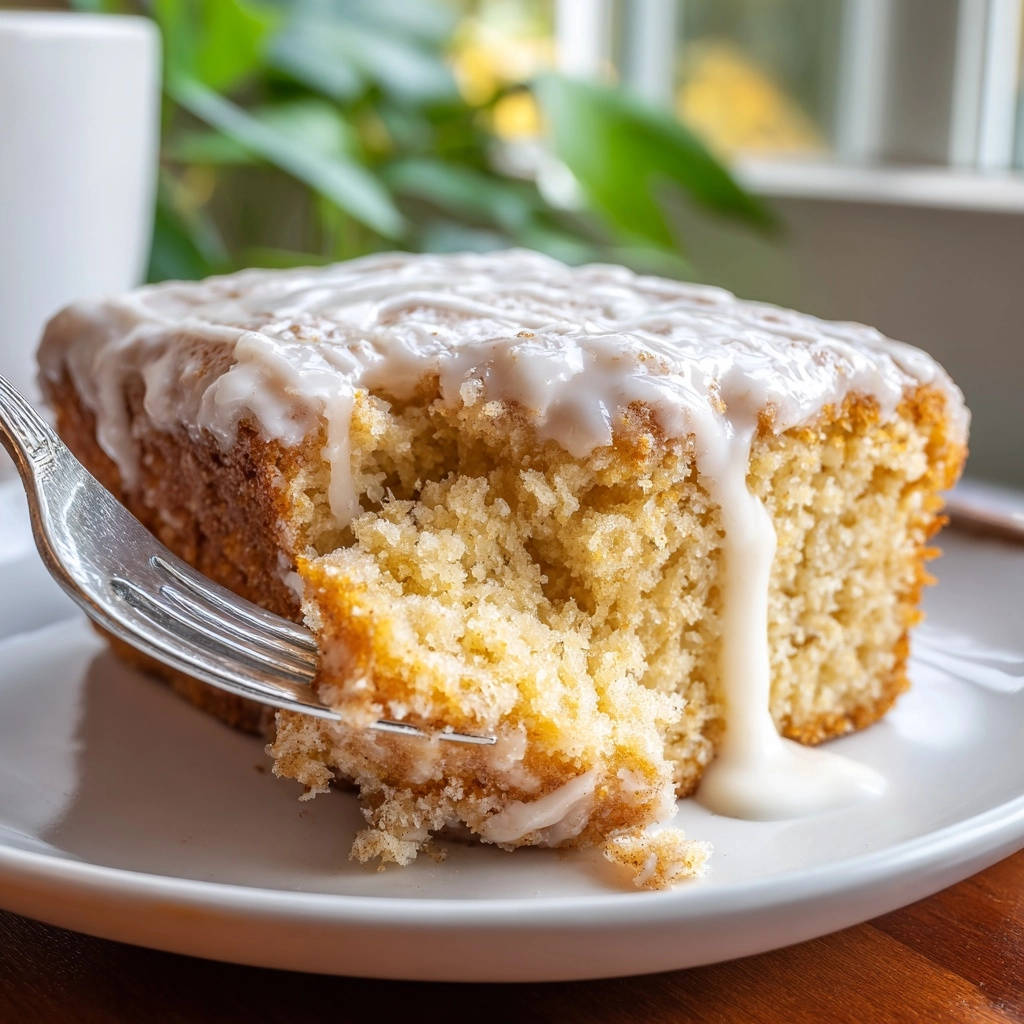 Omas Zimt-Streuselkuchen mit Guss, angeschnitten, zeigt die saftige Textur und den herablaufenden Zuckerguss.