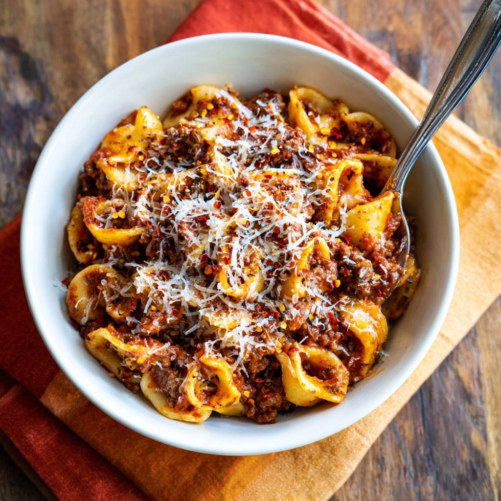 Herzhafte Pappardelle Bolognese, garniert mit geriebenem Parmesan und Chiliflocken, in einer weißen Schüssel serviert.