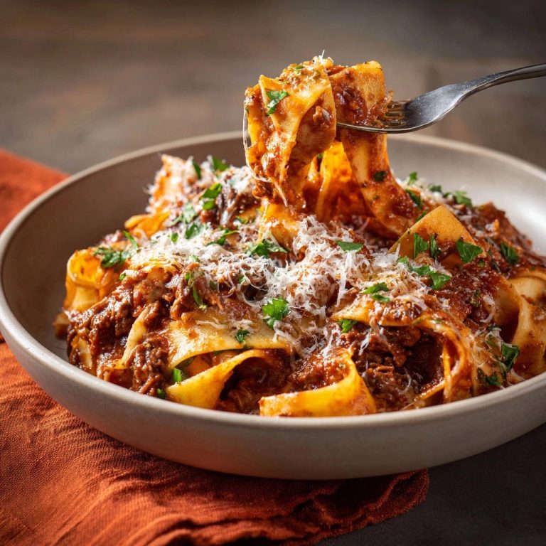 Pappardelle mit reichhaltigem Ragu, wie eine Gabel eine Portion aus der Schüssel hebt, garniert mit Parmesan und Petersilie.