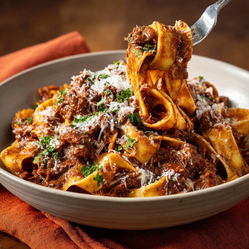 Pappardelle mit reichhaltigem Ragu, serviert mit einer Gabel, die eine Portion aus der Schüssel hebt.