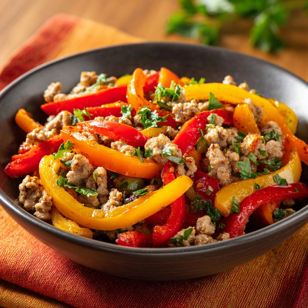 Paprika-Hackpfanne als Nahaufnahme in einer schwarzen Schüssel mit saftigen Paprikastreifen und Hackfleisch, garniert mit Petersilie.