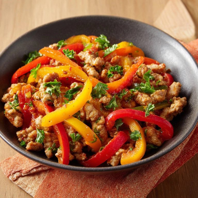 Paprika-Hackpfanne mit roten und gelben Paprikastreifen und gehackter Petersilie in einer Schüssel, Nahaufnahme.