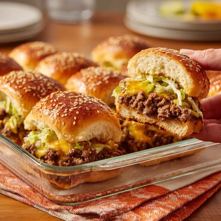 Saftige Party-Slider: Nie wieder trockene Füllung! Ein Slider wird angeschnitten und zeigt saftiges Hackfleisch mit Käse und Salat.