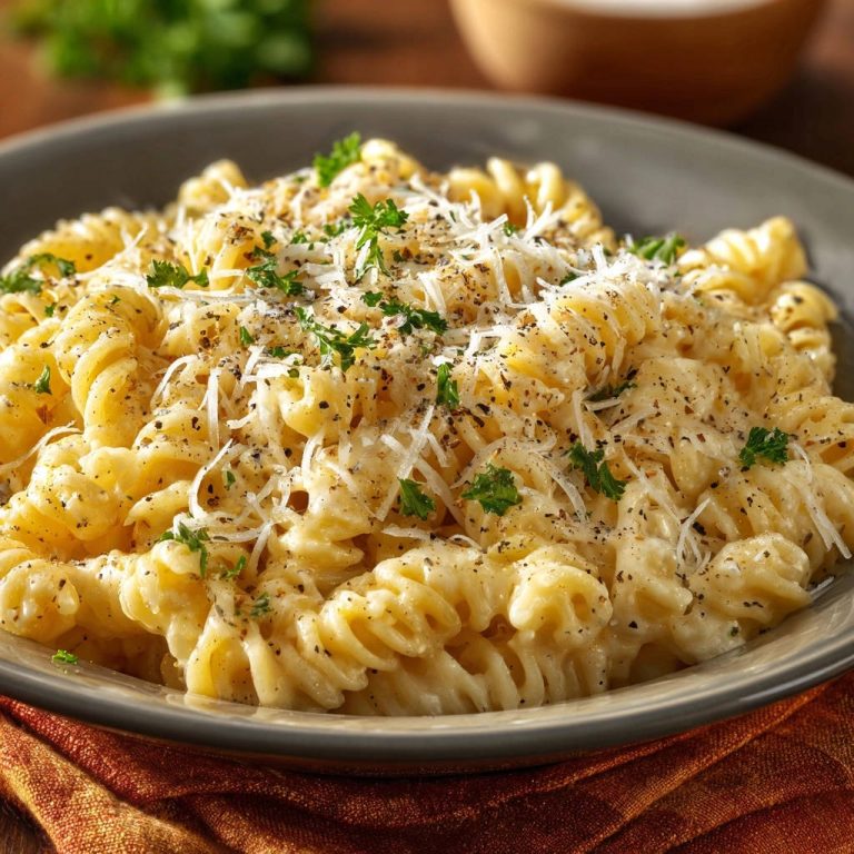 Pasta al Formaggio mit einer cremigen Soße, garniert mit geriebenem Käse und Petersilie, Nahaufnahme