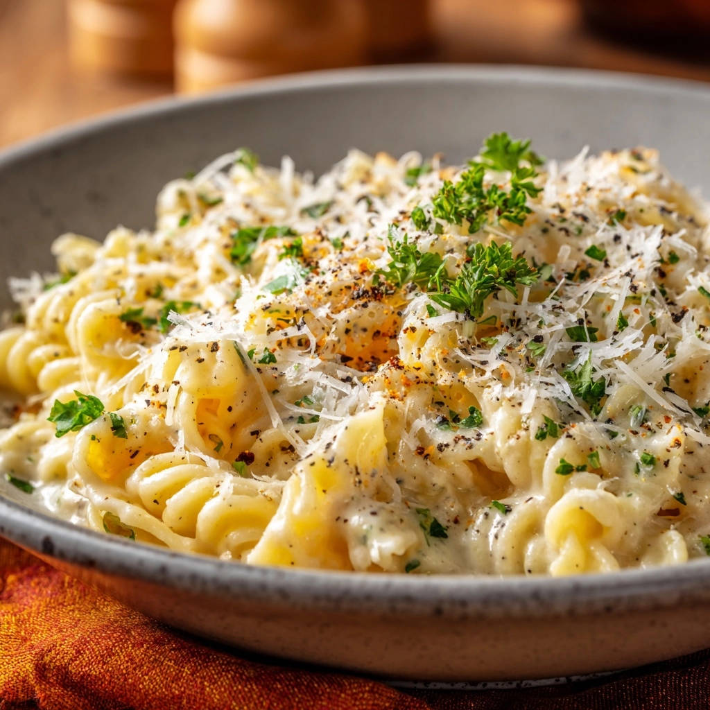 Pasta al Formaggio mit cremig-glatter Soße, garniert mit geriebenem Käse, frisch gehackter Petersilie und Pfeffer.