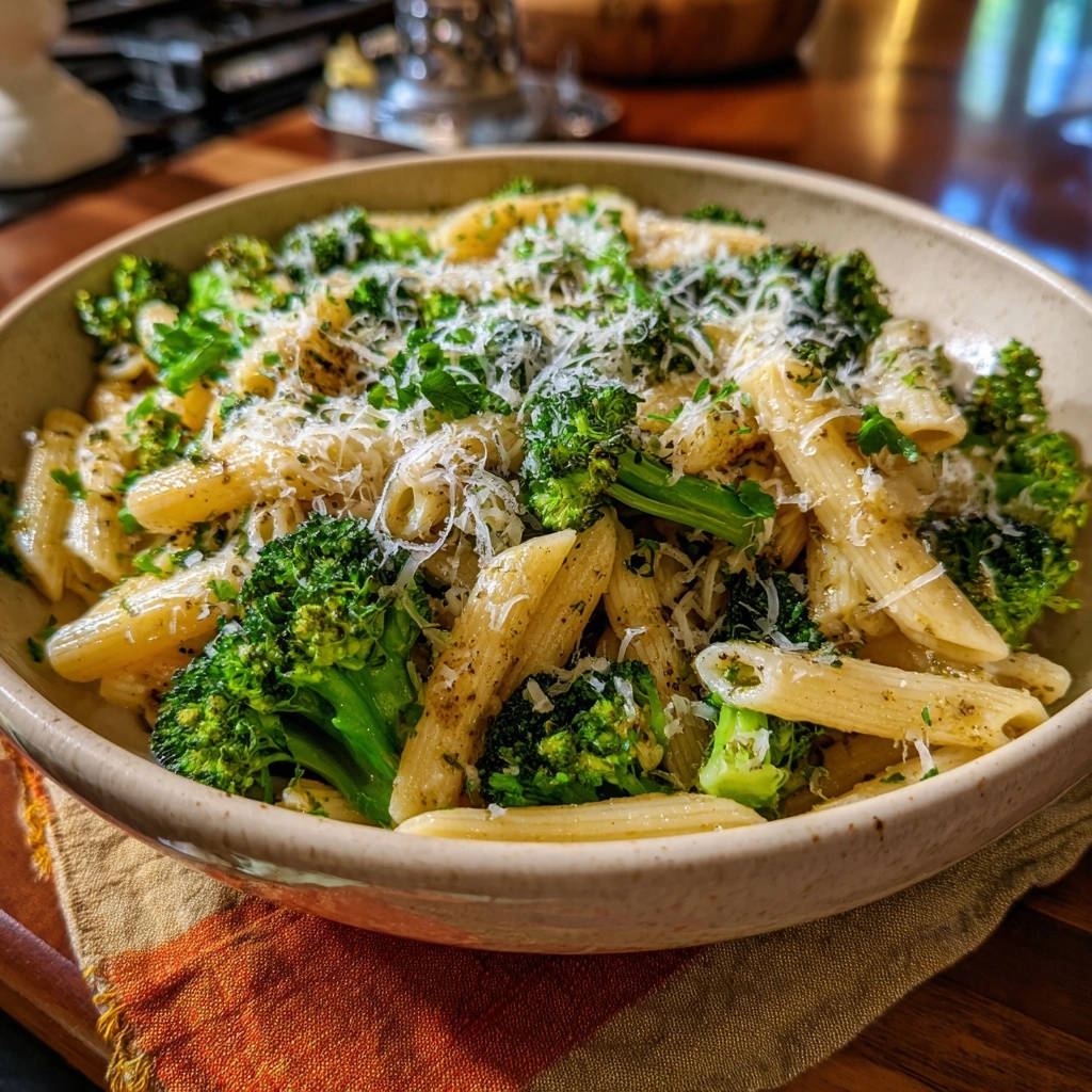 Penne mit Brokkoli und Parmesan, serviert in einer Schüssel mit frisch geriebenem Parmesan und gehackter Petersilie obendrauf.