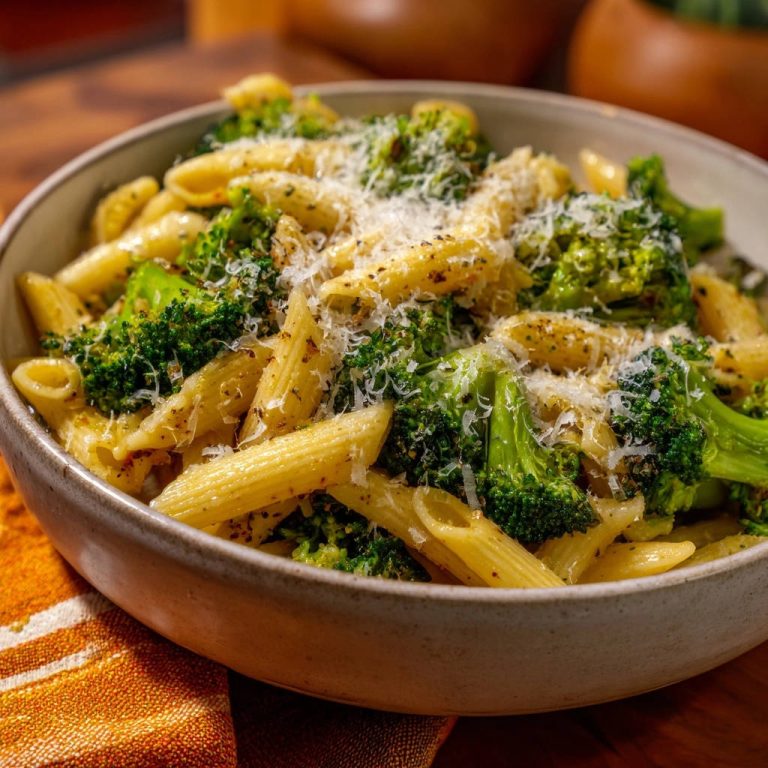 Penne mit Brokkoli und Parmesan, eine Nahaufnahme der Nudeln und des Gemüses, bestreut mit geriebenem Käse.