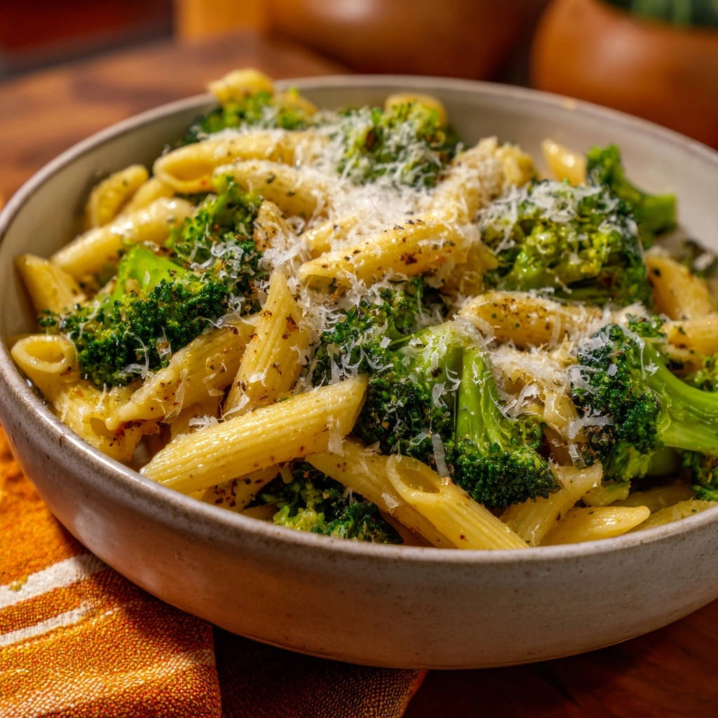 Penne mit Brokkoli und Parmesan, eine Nahaufnahme der Nudeln und des Gemüses, bestreut mit geriebenem Käse.