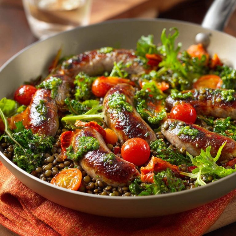 Pfannengericht mit Linsen, Grünkohl und Bratwürstchen als Nahaufnahme in einer Pfanne mit Kräutern und Tomaten.