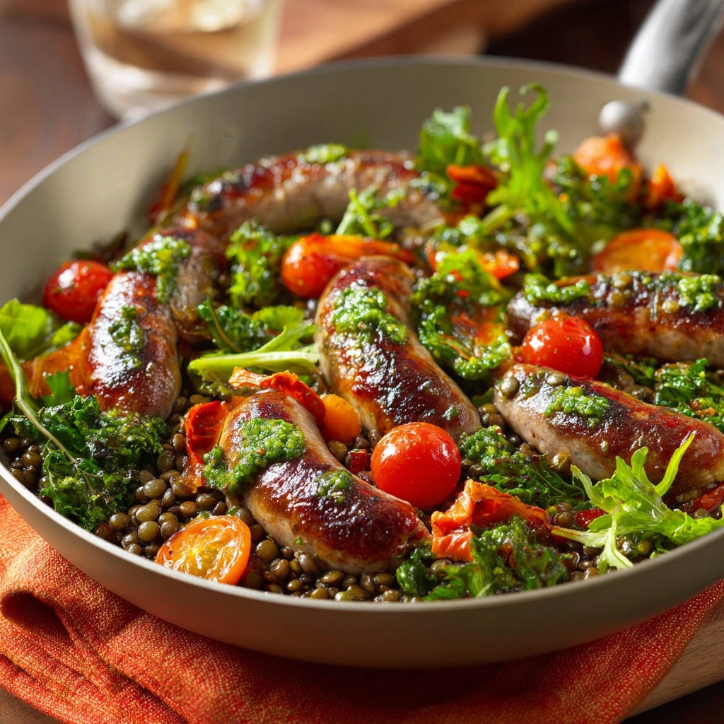 Pfannengericht mit Linsen, Grünkohl und Bratwürstchen als Nahaufnahme in einer Pfanne mit Kräutern und Tomaten.