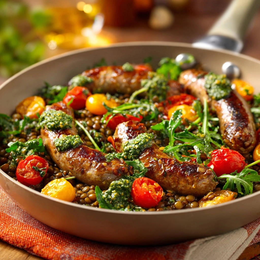 Pfannengericht mit Linsen, Grünkohl und Bratwürstchen im Detail, mit frischer Kräutersauce garniert und mit Kirschtomaten serviert.