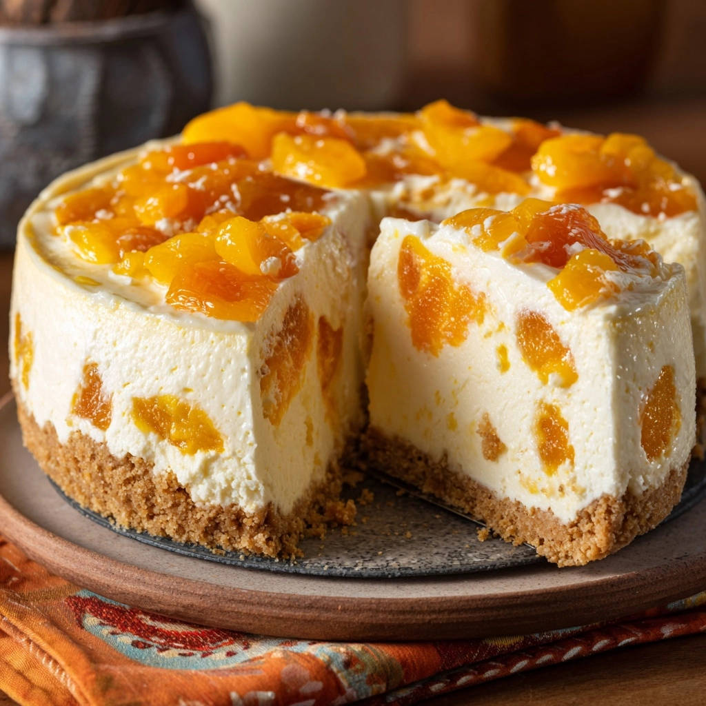 Saftiger Pfirsich-Cheesecake ohne Backen angeschnitten, zeigt cremigen Innenbereich mit Fruchtstücken und Keksboden.