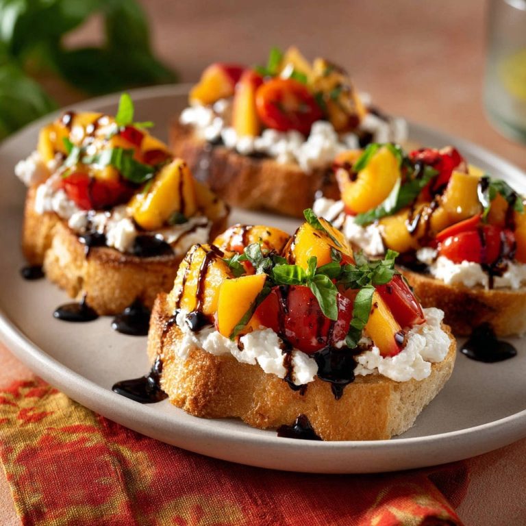 Sommerliche Pfirsich-Tomaten Bruschetta mit Frischkäse und Balsamico-Glasur auf einem Teller serviert, nahaufnahme