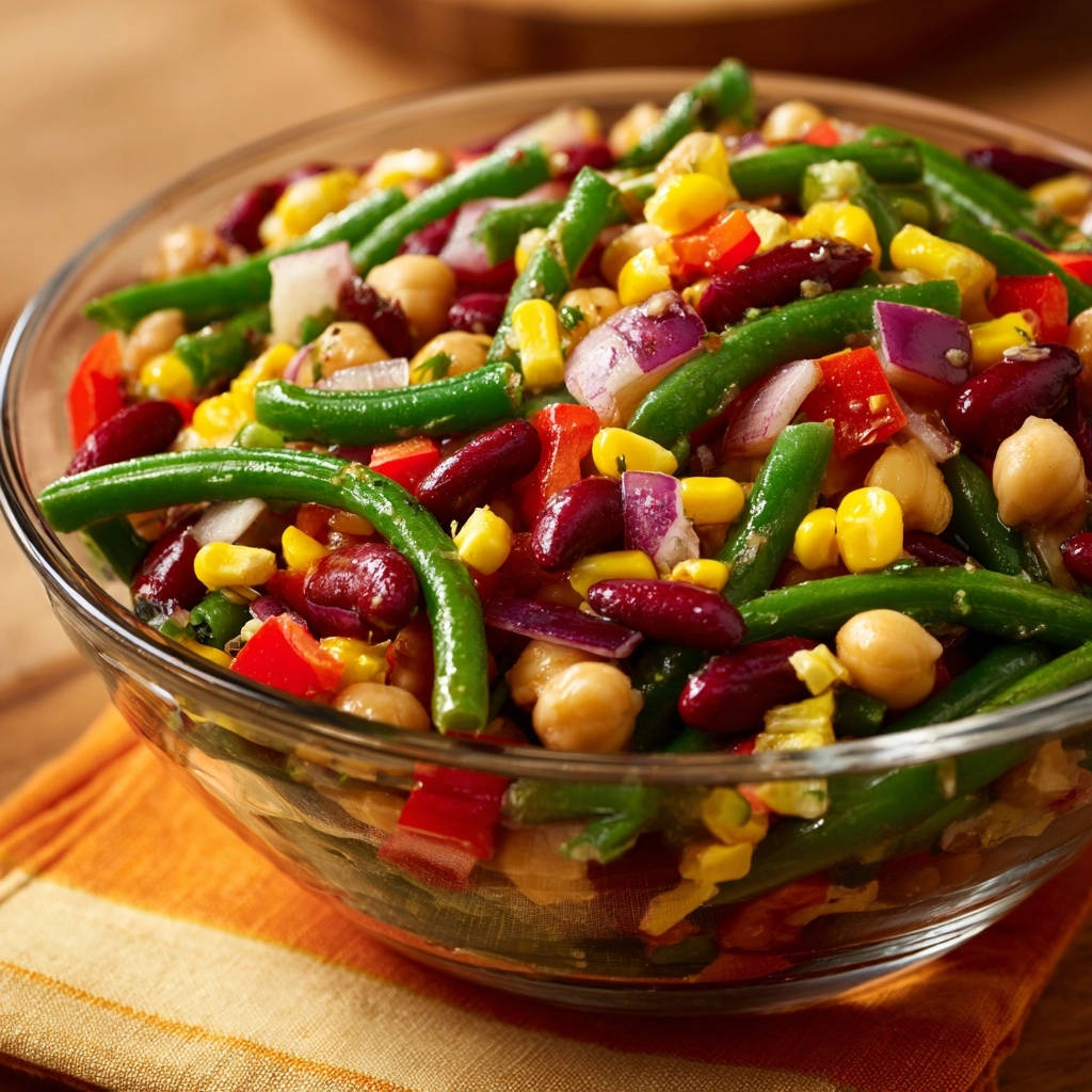 Farbenfroher Power-Bohnensalat als Nahaufnahme in einer Glasschüssel mit knackigen grünen Bohnen und Mais.