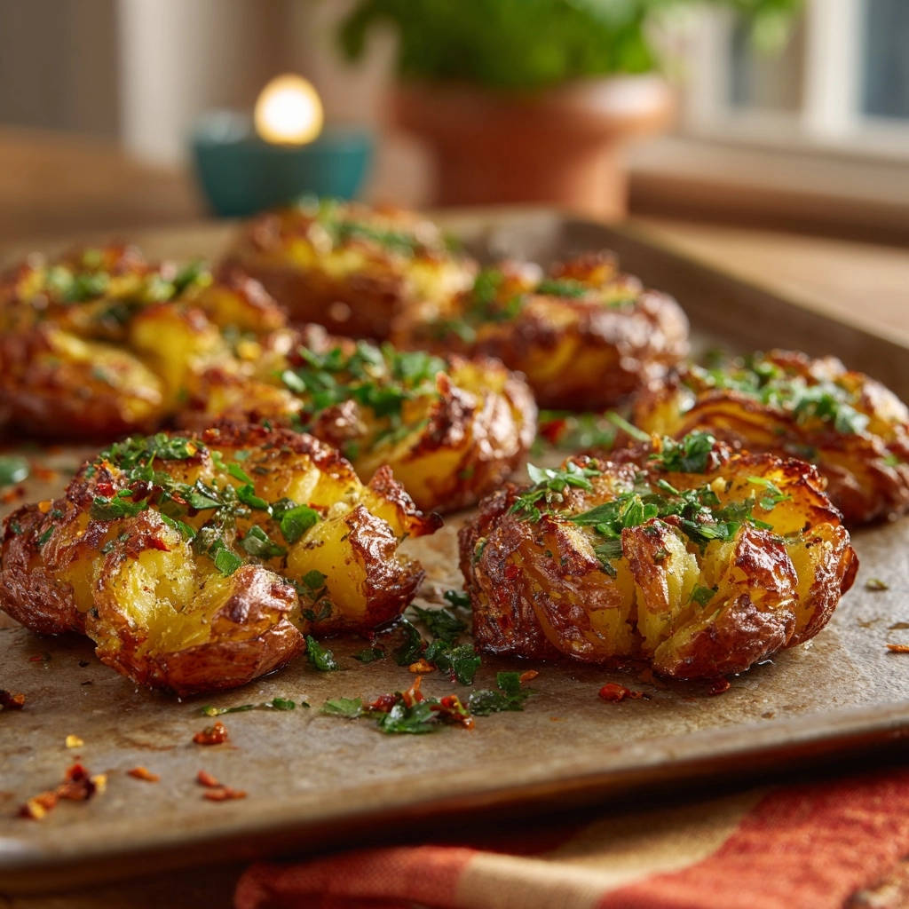 Knusprige Quetschkartoffeln sind goldbraun gebacken und mit frischen Kräutern und Chiliflocken garniert.