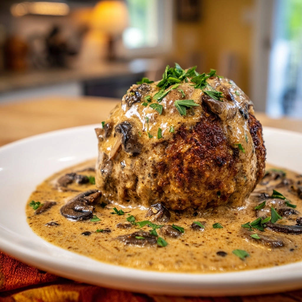 Saftiger Riesen-Klops mit cremiger Champignon-Soße, nahaufnahme auf einem weißen Teller serviert.