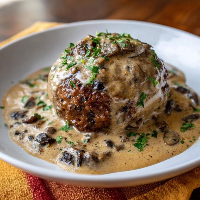 Saftiger Riesen-Klops mit cremiger Champignon-Soße, nahaufnahme der servierten Speise auf einem Teller.