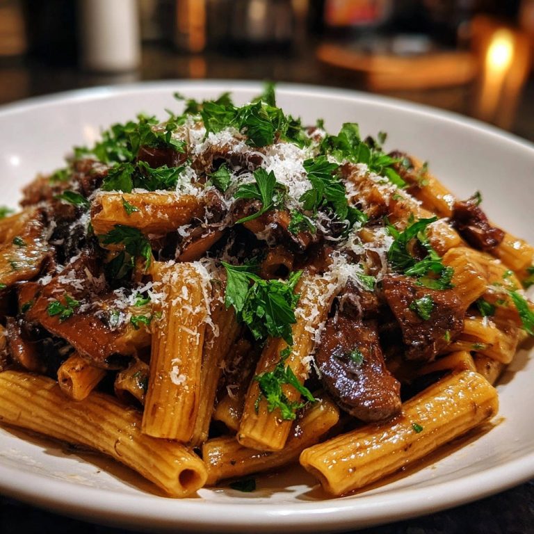 Herzhaftes Rigatoni mit Pilzragout, nahaufnahme der Nudeln mit frischer Petersilie und Parmesan garniert