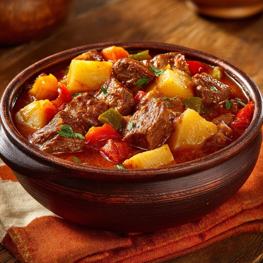 Deftiges Rindergulasch mit Kartoffeln, serviert in einer rustikalen Schüssel mit einem detaillierten Blick auf die zarten Fleischstücke und Kartoffelwürfel.