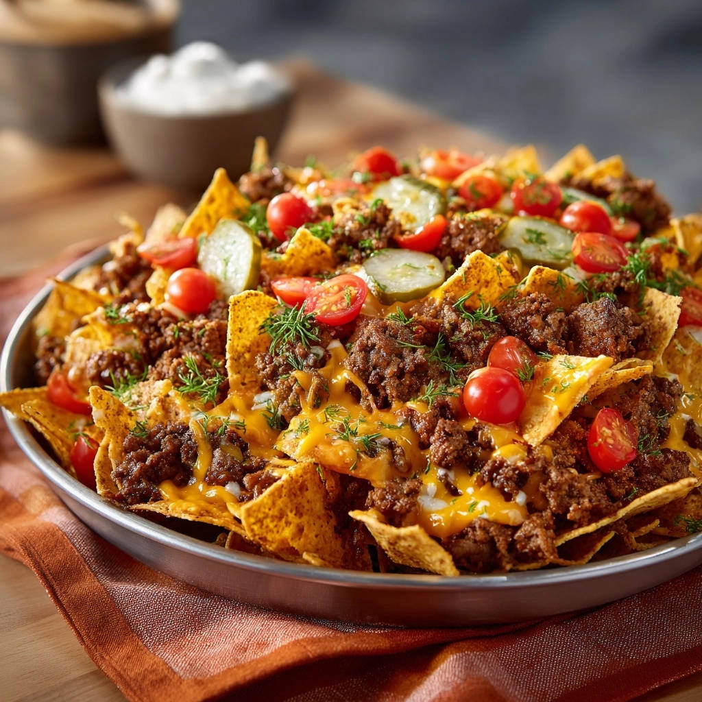 Ultimative Rinderhack-Nachos, garniert mit frischen Tomaten und Dill, serviert auf einem Blech.
