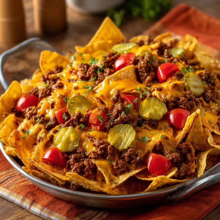 Ultimative Rinderhack-Nachos mit geschmolzenem Käse, Hackfleisch, Tomaten und Essiggurken in Nahaufnahme