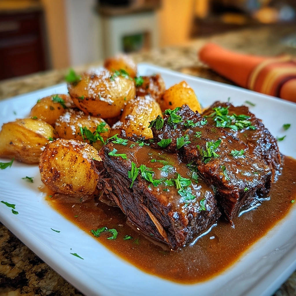 Zarter Rinderschmorbraten mit Knusperkartoffeln, serviert auf einem weißen Teller mit Sauce und Petersilien-Garnitur.