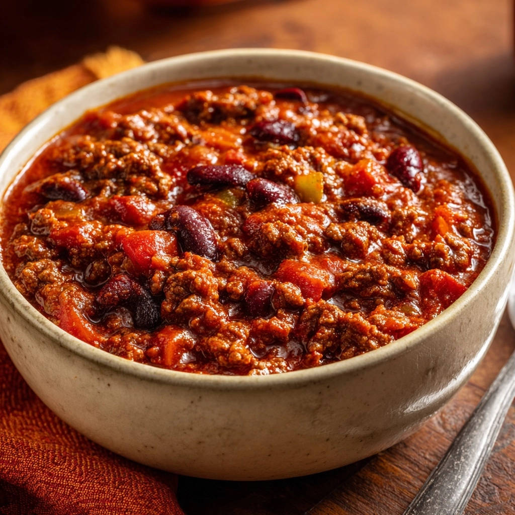 Herzhaftes Rindfleisch-Chili in einer rustikalen Schüssel, Nahaufnahme der reichhaltigen Textur mit Bohnen und Hackfleisch.