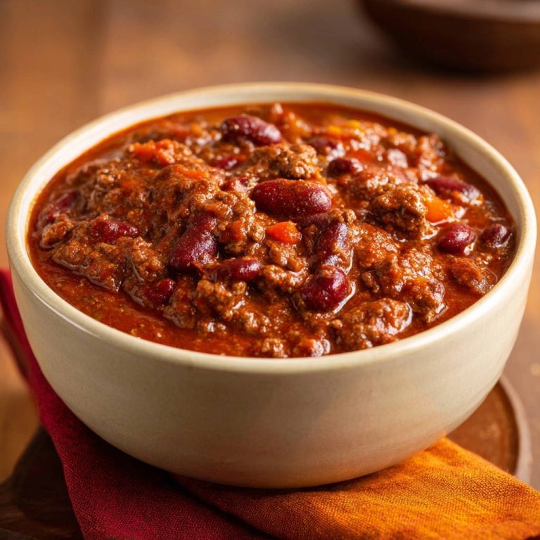 Herzhaftes Rindfleisch-Chili mit Kidneybohnen in einer Schüssel, Nahaufnahme des Inhalts mit Fokus auf Textur.