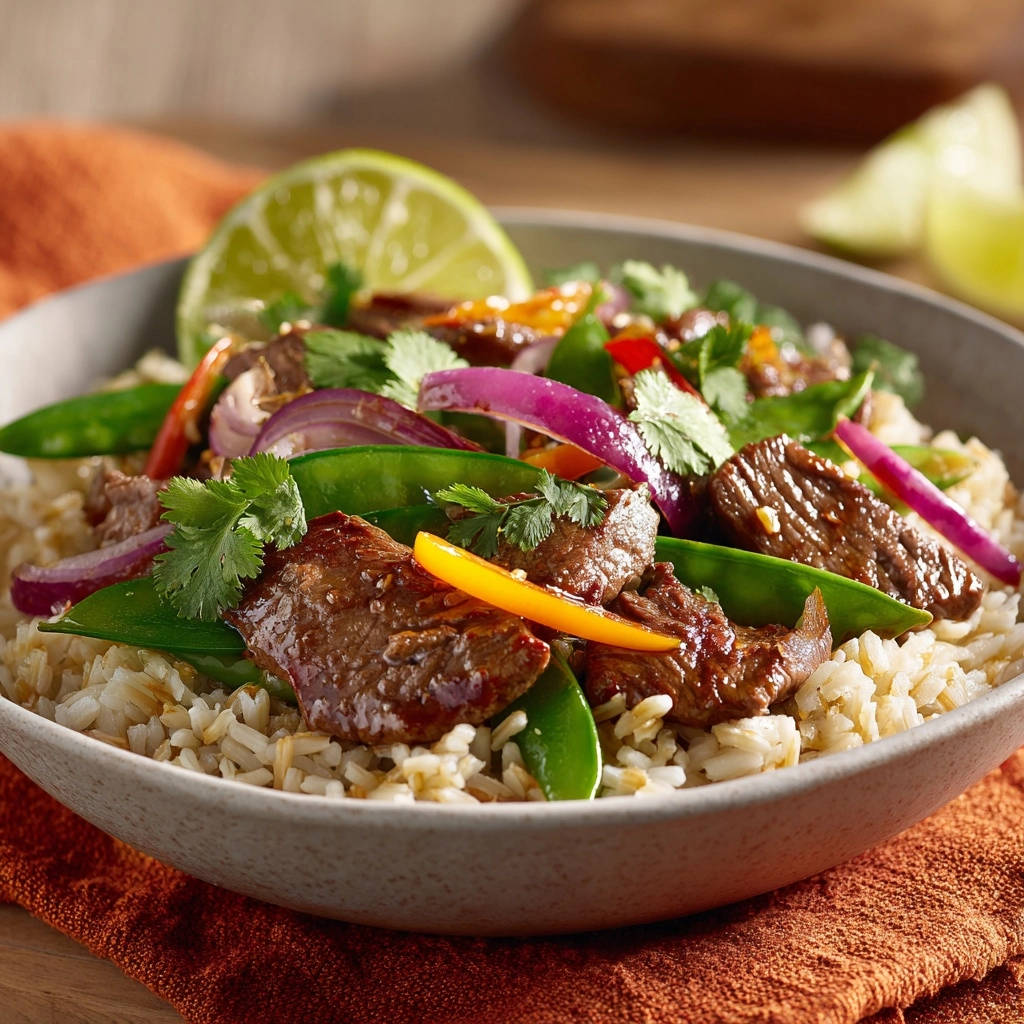 Rindfleisch-Stir-Fry mit Zuckerschoten und Paprika, nah aufgenommen in einer Schüssel mit Reis und Limettenspalte.