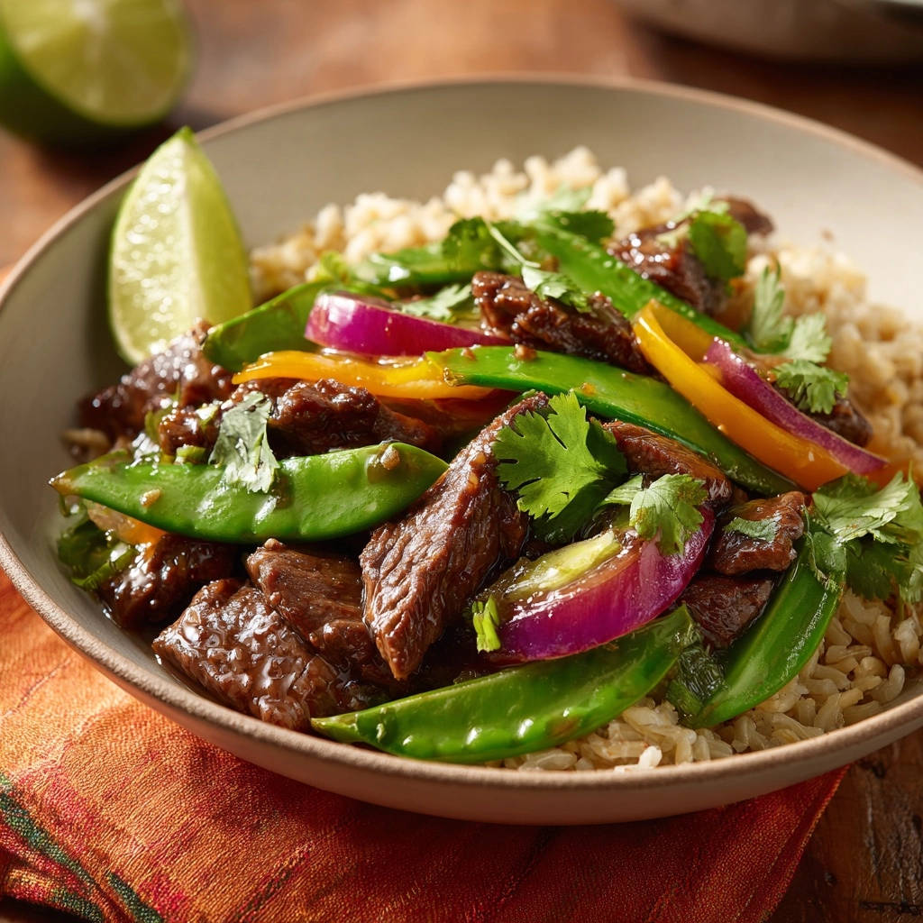 Rindfleisch-Stir-Fry mit Zuckerschoten und Paprika, Nahaufnahme des Gerichts mit Reis und Limette