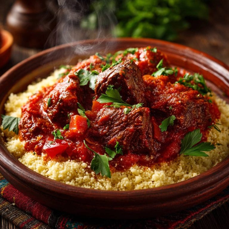 Aromatische Rindfleisch-Tajine auf Couscous, dampfend serviert in einem traditionellen Tontopf mit frischer Petersilie garniert.