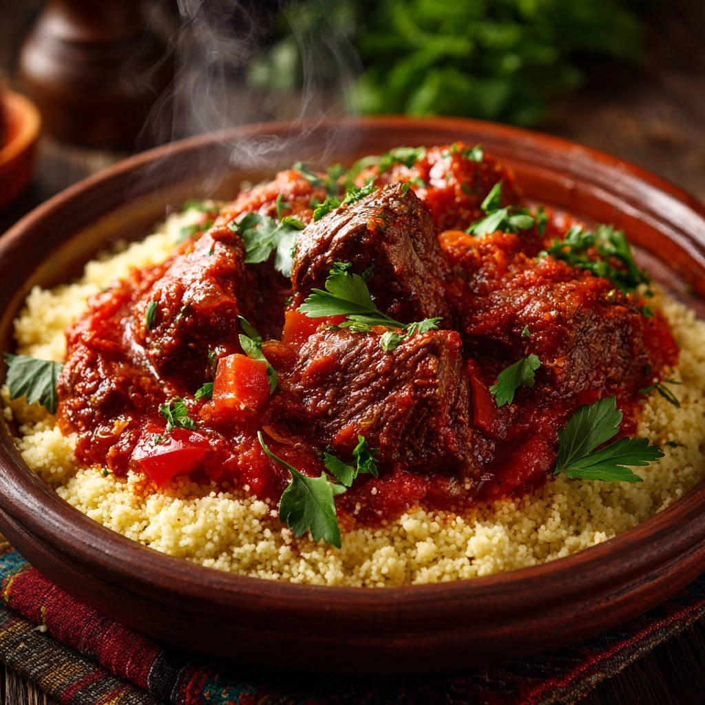 Aromatische Rindfleisch-Tajine auf Couscous, dampfend serviert in einem traditionellen Tontopf mit frischer Petersilie garniert.