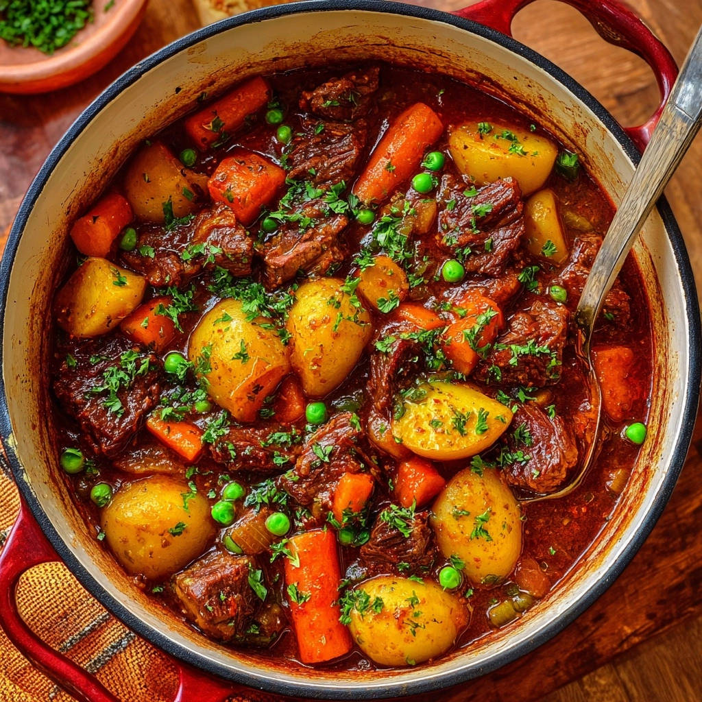 Herzhaftes Rindfleischgulasch mit Gemüse im Topf von oben aufgenommen, mit Kartoffeln, Karotten und Erbsen garniert.