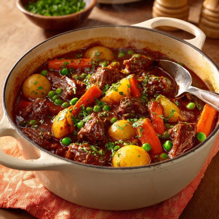 Herzhaftes Rindfleischgulasch mit Gemüse aus einem Topf, mit Kartoffeln, Karotten und Erbsen in einer dunklen Sauce.