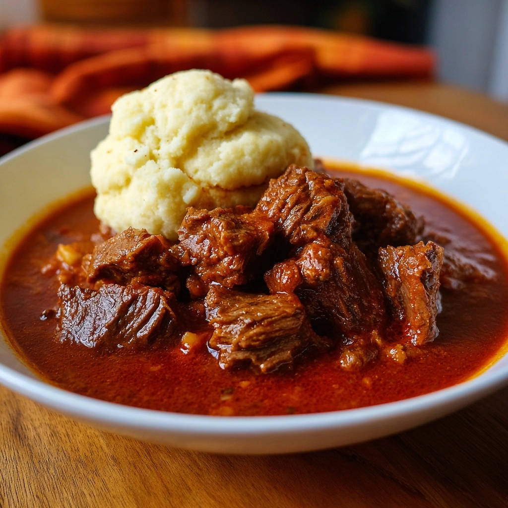 Herzhaftes Rindfleischgulasch mit cremigem Kartoffelpüree, serviert in einer weißen Schüssel, Nahaufnahme der Textur.